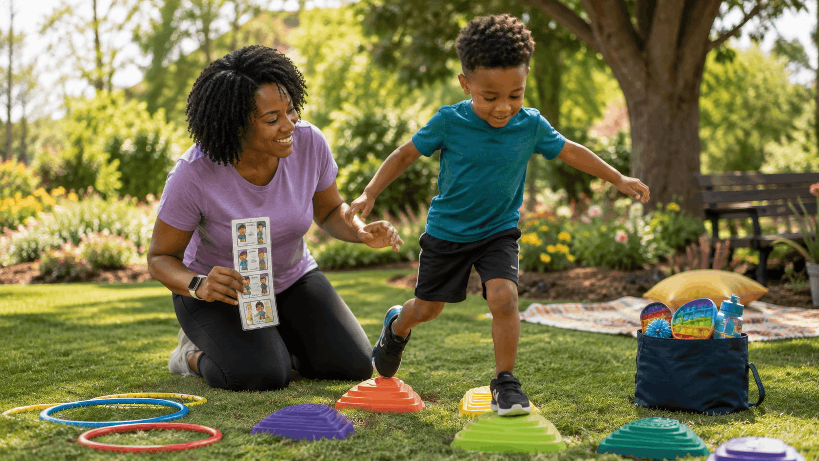 Black parent supporting child with ADHD through creative learning activity