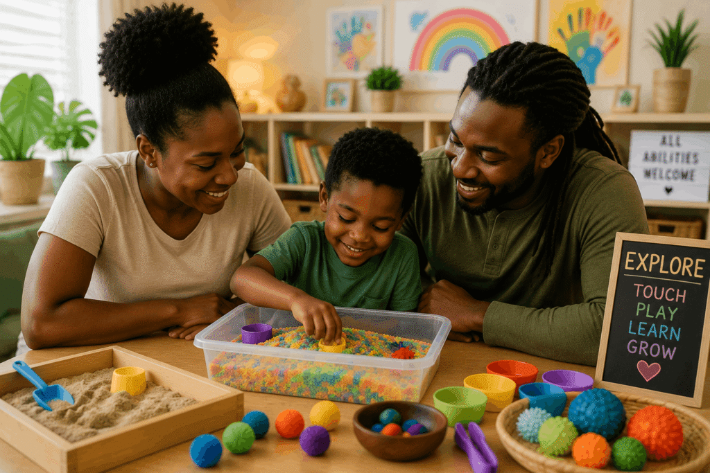 Black child enjoying sensory play activity with supportive family environment