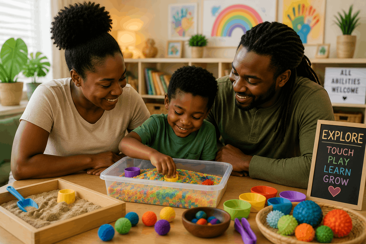 Black child enjoying sensory play activity with supportive family environment